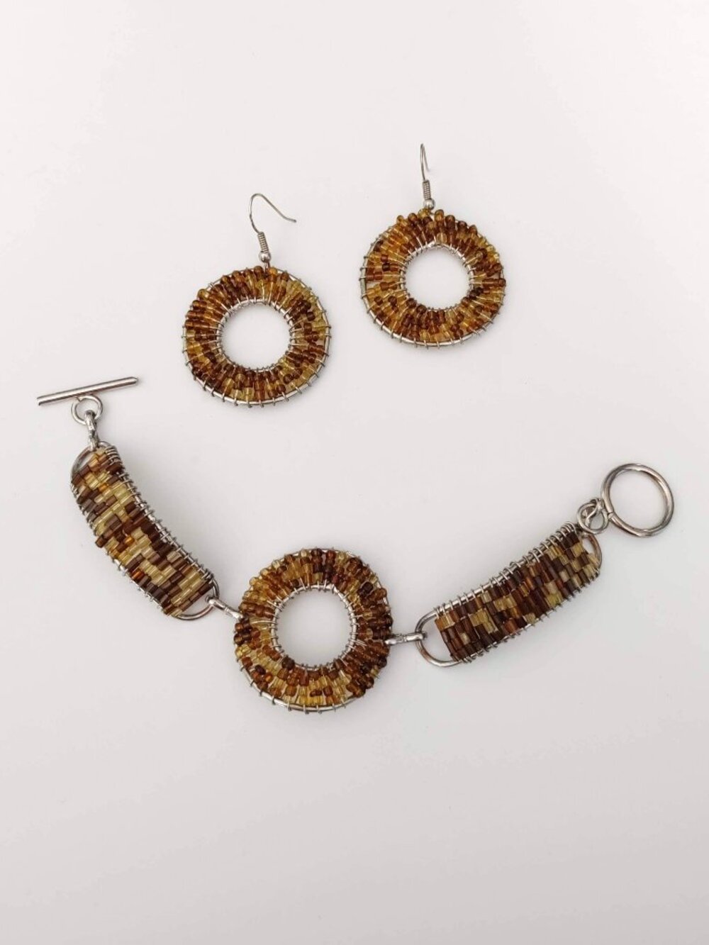 Bugle & seed bead earrings and bracelet set